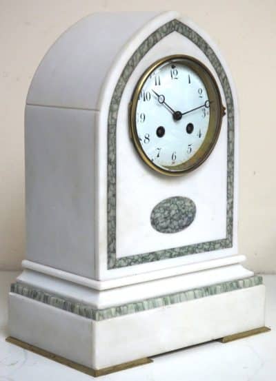 Fine French 8-Day White Marble Mantel Clock – Striking Clock Inlaid Lancet Case Mantel Clock Antique Clocks 10