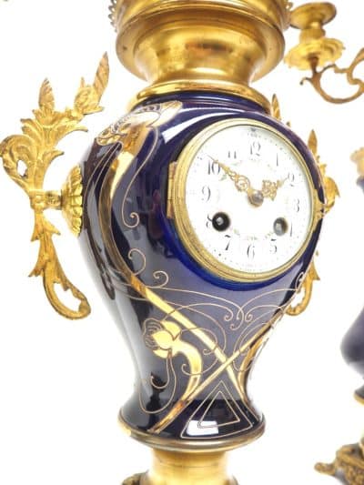 Incredible Electric Blue Art Nouveau Bulbous Tulip 5 Branch Candelabra Mantel Clock Set art nouveau Antique Clocks 12