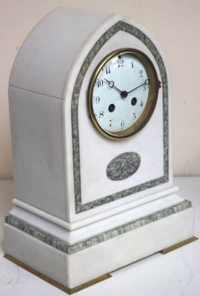 Fine French 8-Day White Marble Mantel Clock – Striking Clock Inlaid Lancet Case Mantel Clock Antique Clocks 9