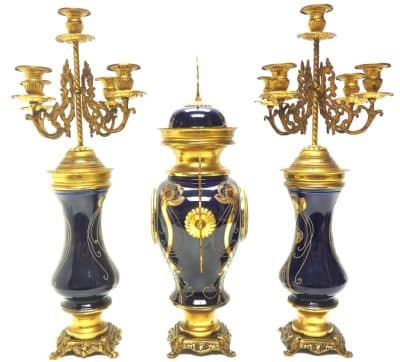 Incredible Electric Blue Art Nouveau Bulbous Tulip 5 Branch Candelabra Mantel Clock Set art nouveau Antique Clocks 11