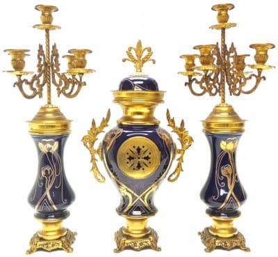 Incredible Electric Blue Art Nouveau Bulbous Tulip 5 Branch Candelabra Mantel Clock Set - Image 8