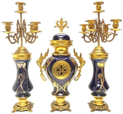 Incredible Electric Blue Art Nouveau Bulbous Tulip 5 Branch Candelabra Mantel Clock Set art nouveau Antique Clocks 10