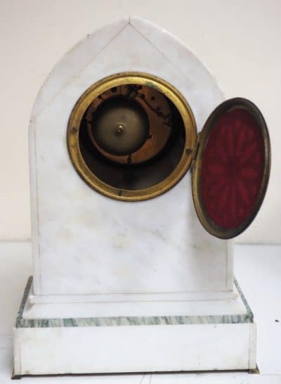 Fine French 8-Day White Marble Mantel Clock – Striking Clock Inlaid Lancet Case Mantel Clock Antique Clocks 6