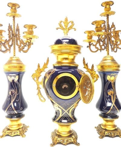 Incredible Electric Blue Art Nouveau Bulbous Tulip 5 Branch Candelabra Mantel Clock Set - Image 4