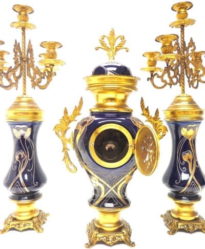 Incredible Electric Blue Art Nouveau Bulbous Tulip 5 Branch Candelabra Mantel Clock Set art nouveau Antique Clocks 6