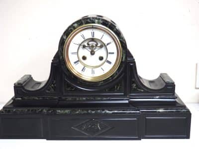 Marvellous French 8-Day Striking Slate Clock – Grey Marble Inlay Visible Escapement=