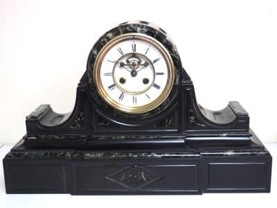 Marvellous French 8-Day Striking Slate Clock – Grey Marble Inlay Visible Escapement= Antique French Antique Clocks 12
