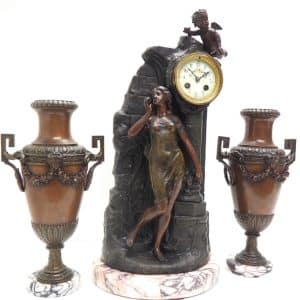Incredible Art Nouveau Figural Mantel Clock Set 8 Day Striking mantle Clock art nouveau Antique Clocks