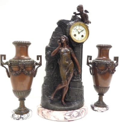 Incredible Art Nouveau Figural Mantel Clock Set 8 Day Striking mantle Clock art nouveau Antique Clocks 3