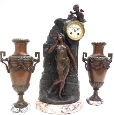 Incredible Art Nouveau Figural Mantel Clock Set 8 Day Striking mantle Clock