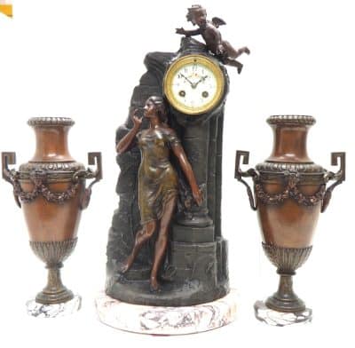 Incredible Art Nouveau Figural Mantel Clock Set 8 Day Striking mantle Clock art nouveau Antique Clocks 13