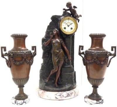 Incredible Art Nouveau Figural Mantel Clock Set 8 Day Striking mantle Clock art nouveau Antique Clocks 12