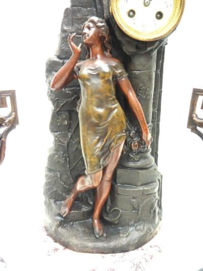 Incredible Art Nouveau Figural Mantel Clock Set 8 Day Striking mantle Clock art nouveau Antique Clocks 6