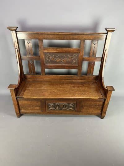 Arts & Crafts Carved Oak Settle c1910 carved Antique Benches 5