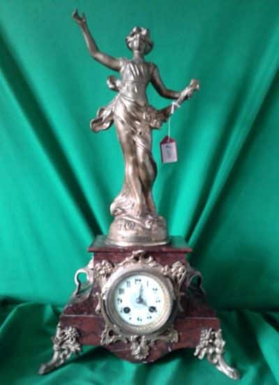 Art Nouveau rouge marble statue mantle clock
