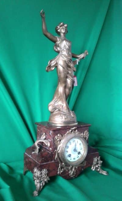 Art Nouveau rouge marble statue mantle clock - Image 2