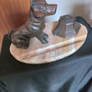 A BRONZE DOG/INKWELL ON MARBLE BASE. EDWARDIAN Antique Collectibles