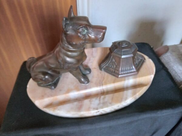 A BRONZE DOG/INKWELL ON MARBLE BASE. EDWARDIAN Antique Collectibles 6