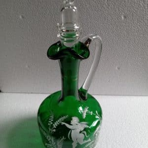 GREEN GLASS DECANTER 28cm tall (incl. Stopper) MARY GREGORY STYLE. Antique Glassware