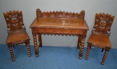 Victorian oak hall table & matching side chairs
