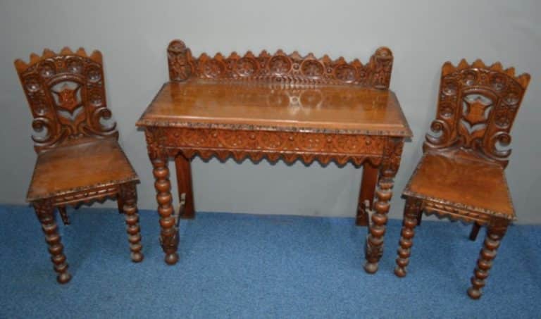 Victorian oak hall table & matching side chairs