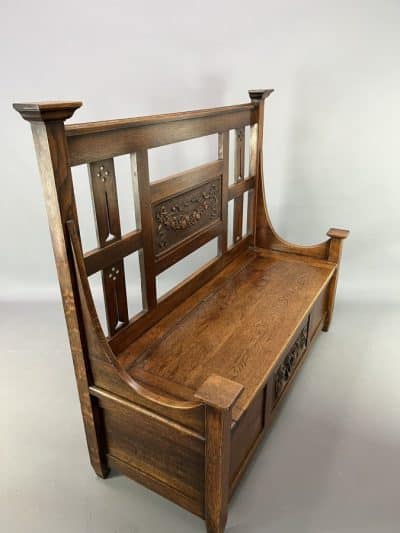 Arts & Crafts Carved Oak Settle c1910 - Image 11