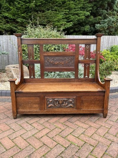 Arts & Crafts Carved Oak Settle c1910 - Image 12