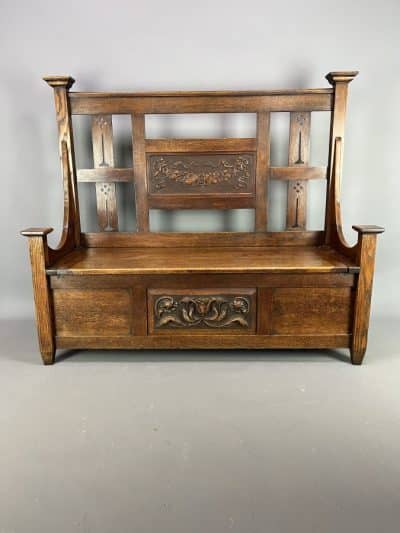 Arts & Crafts Carved Oak Settle c1910 carved Antique Benches 3