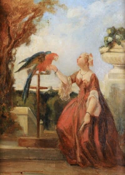 French “ Lady with Macaw parrot on a balcony “ Antique Art 8