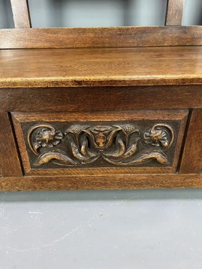 Arts & Crafts Carved Oak Settle c1910 carved Antique Benches 4