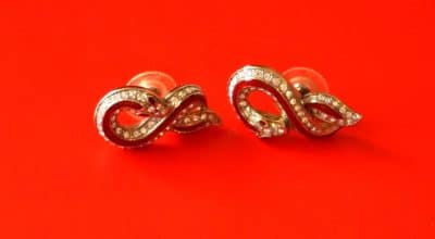 Stunning Pair of Gilt Rhinestone & Enamel Snake Earrings for Pierced Ears Antique Earrings 3