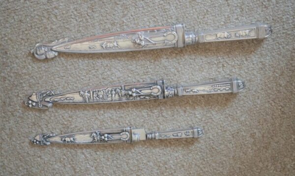 SALE – Vintage Collection of Two Nickel Silver Argentina Gaucho Knives With Very ornate Sheath/ Letter Openers Folding Knives, Military & War Antiques 8