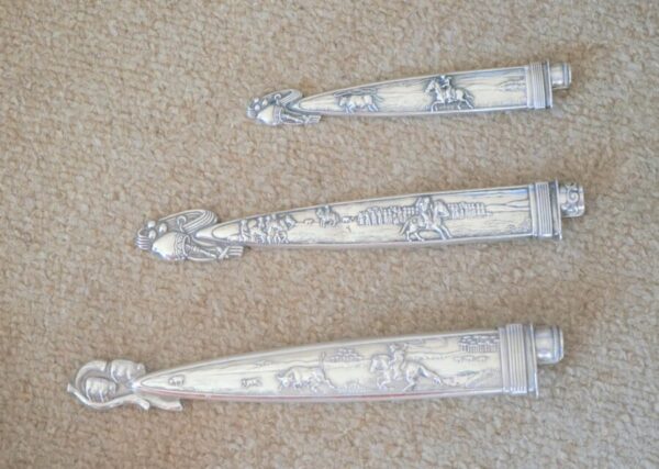 SALE – Vintage Collection of Two Nickel Silver Argentina Gaucho Knives With Very ornate Sheath/ Letter Openers Folding Knives, Military & War Antiques 6