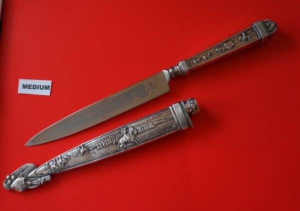 SALE – Vintage Collection of Two Nickel Silver Argentina Gaucho Knives With Very ornate Sheath/ Letter Openers Folding Knives, Military & War Antiques 5