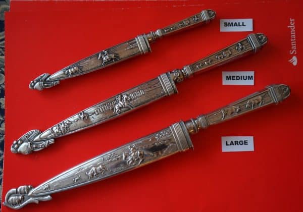 SALE – Vintage Collection of Two Nickel Silver Argentina Gaucho Knives With Very ornate Sheath/ Letter Openers Folding Knives, Military & War Antiques 3