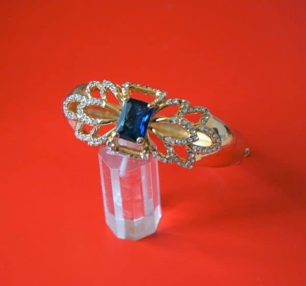 Vintage Gold Plated Blue Sapphire & Rhinestone Bangle - Ideal Gift