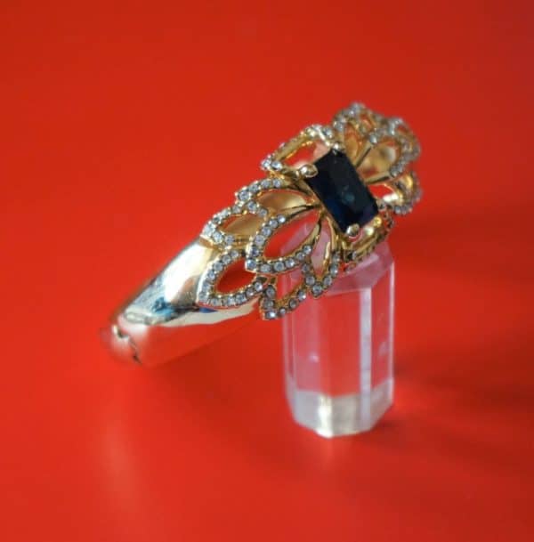 Vintage Gold Plated Blue Sapphire & Rhinestone Bangle - Ideal Gift - Image 5