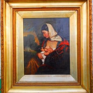 Victorian Oil on Canvas, Mother feeding her child 19th century Antique Art