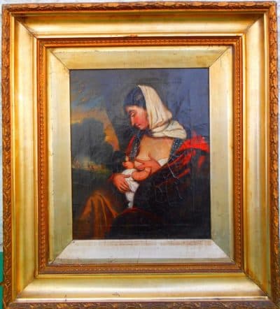 Victorian Oil on Canvas, Mother feeding her child 19th century Antique Art 3