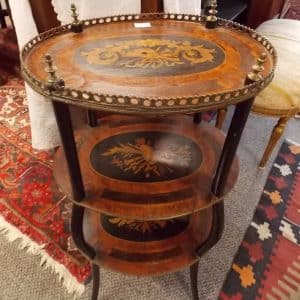 SOLD Edwardian marquetry three tyre occasional table inlaid Antique Tables