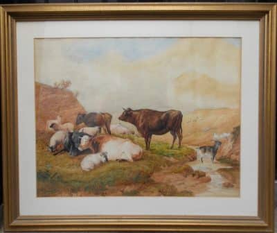 Large Scottish water colour animal landscape. unsigned