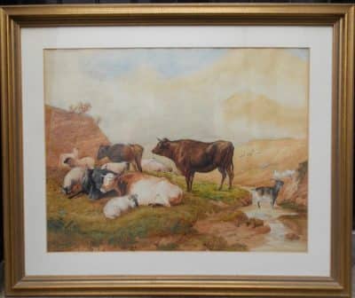 Large Scottish water colour animal landscape. unsigned Antiques Scotland Antique Art 3