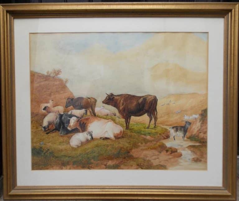 Large Scottish water colour animal landscape. unsigned