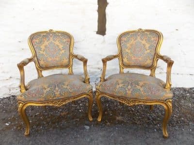 SOLD Pair 19th cent gilt French Fauteuils 19th century Antique Chairs 3