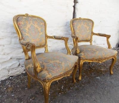 SOLD Pair 19th cent gilt French Fauteuils 19th century Antique Chairs 5