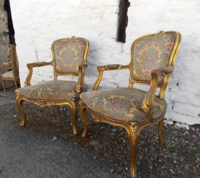 SOLD Pair 19th cent gilt French Fauteuils 19th century Antique Chairs 6
