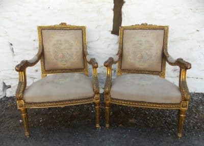 SOLD Pair 19th cent French giltwood Fauteuils 19th century Antique Chairs 3