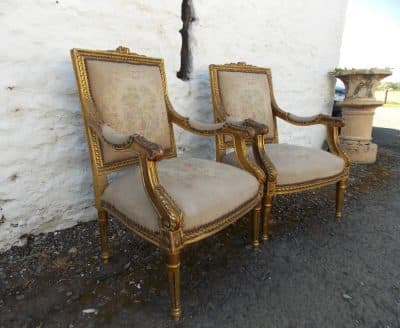 SOLD Pair 19th cent French giltwood Fauteuils 19th century Antique Chairs 4