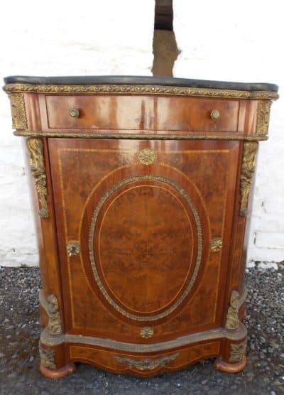 SOLD Serpentine French Louis Ormolu Burr walnut cabinet.