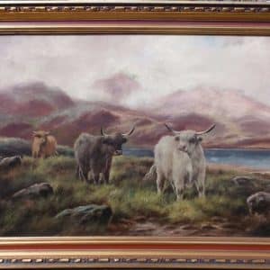 SOLD Pr Scottish highland cattle landscapes. Oils on Canvas. Antiques Scotland Antique Art